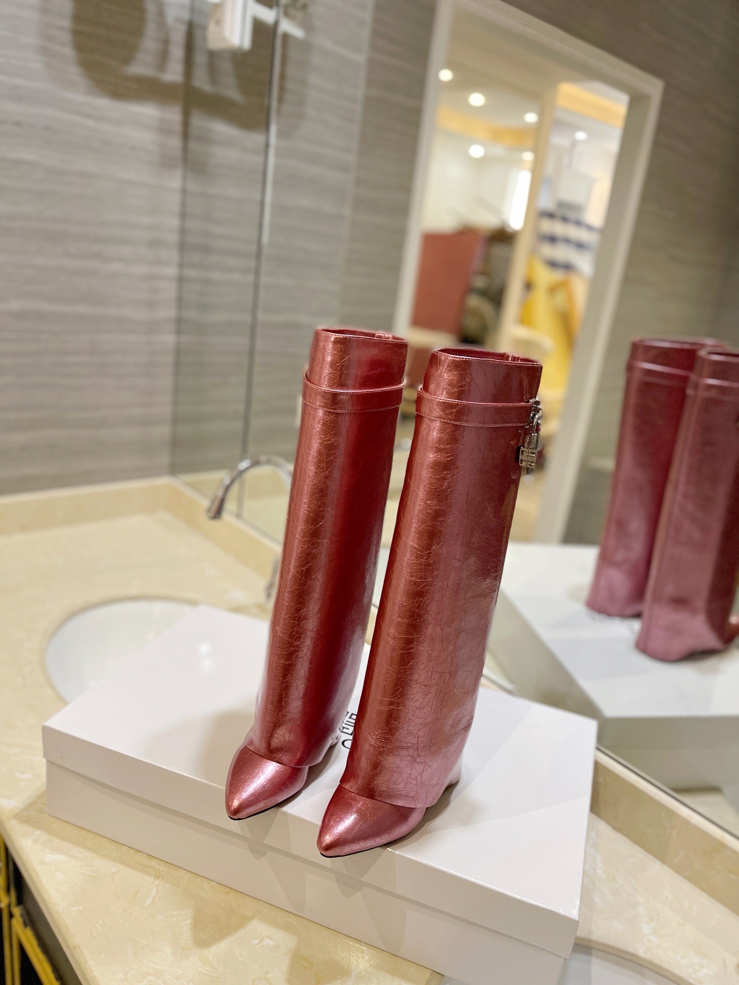 Givenchy Shark Lock Ankle Long Boots in laminated leather pink