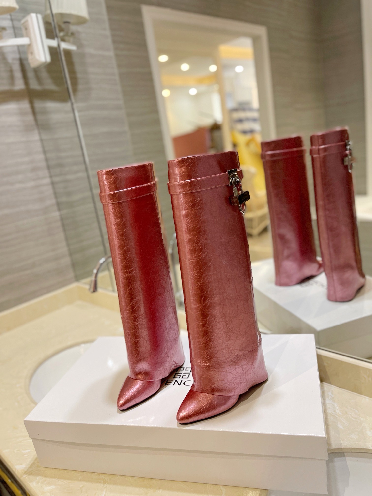 Givenchy Shark Lock Ankle Long Boots in laminated leather pink