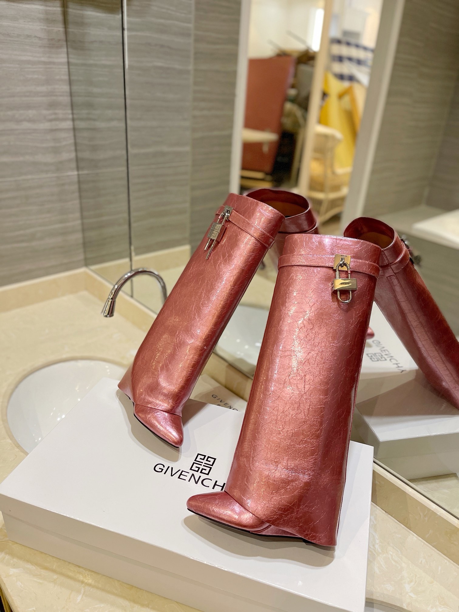 Givenchy Shark Lock Ankle Long Boots in laminated leather pink
