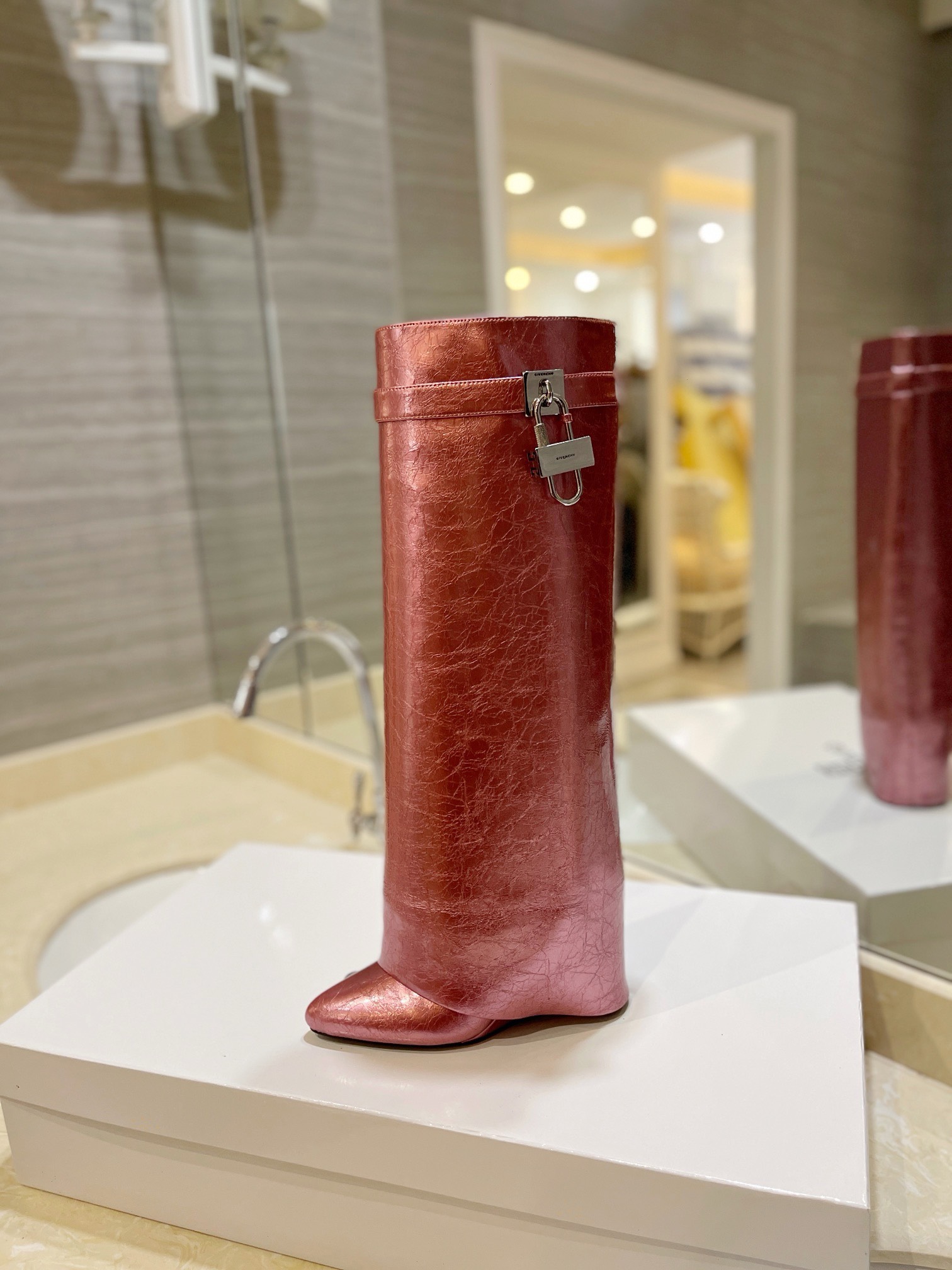 Givenchy Shark Lock Ankle Long Boots in laminated leather pink