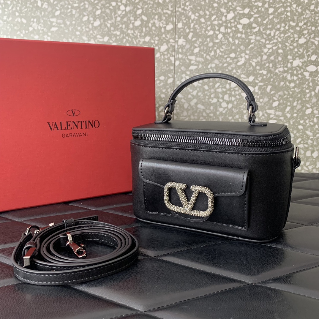 Bagsaaa Va1e*ntin0 Mini Locò Calfskin With Crystal Logo Black Color