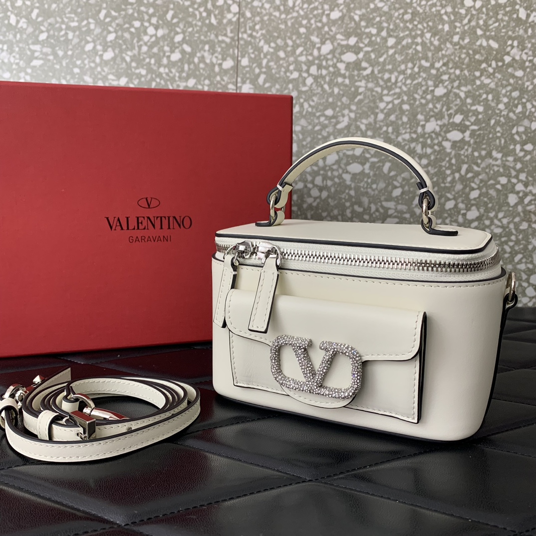 Bagsaaa Va1e*ntin0 Mini Locò Calfskin With Crystal Logo White Color