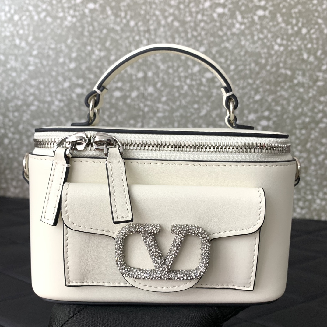 Bagsaaa Va1e*ntin0 Mini Locò Calfskin With Crystal Logo White Color