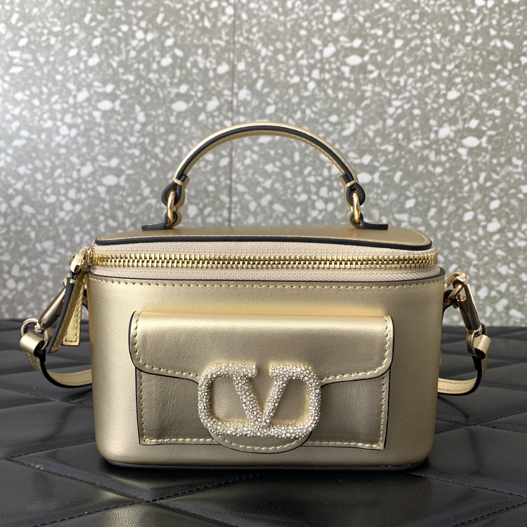 Bagsaaa Va1e*ntin0 Mini Locò Calfskin With Crystal Logo Black Gold