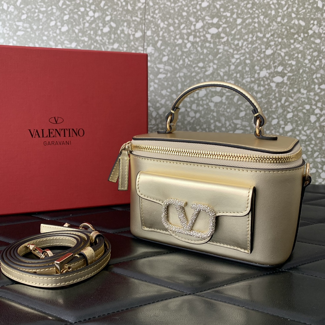Bagsaaa Va1e*ntin0 Mini Locò Calfskin With Crystal Logo Black Gold