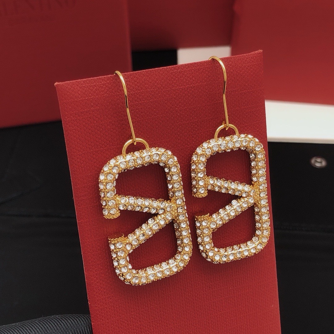 Bagsaaa Va1e*ntin0 Garavani Gold VLogo Crystal Pendant Earrings