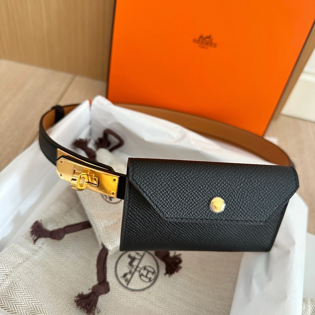 Bagsaaa H**me5 Kelly Pocket 18 Belt Black Epsom Gold Hardware