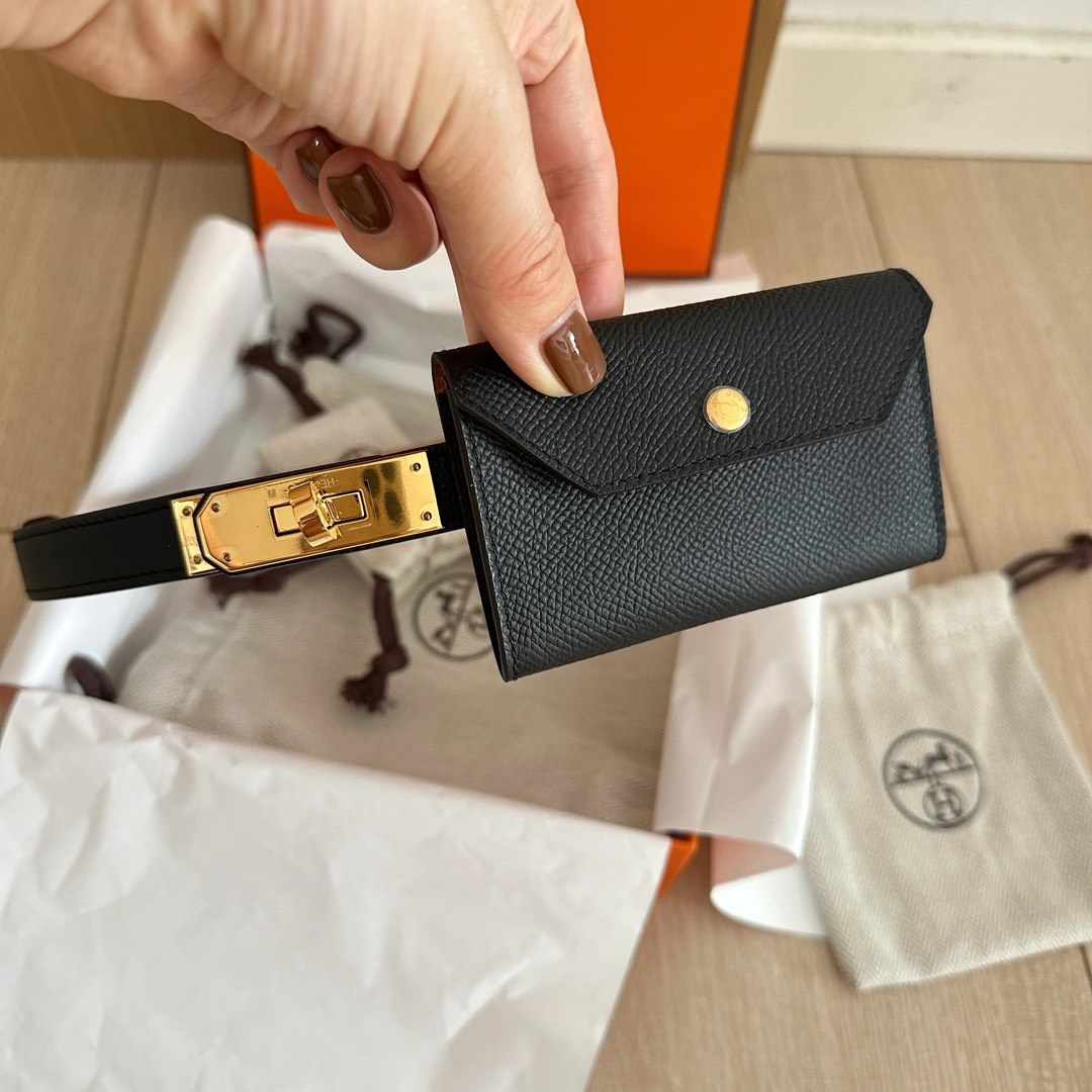 Bagsaaa H**me5 Kelly Pocket 18 Belt Black Epsom Gold Hardware