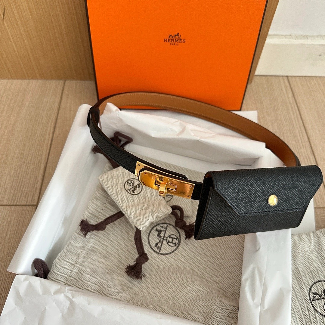 Bagsaaa H**me5 Kelly Pocket 18 Belt Black Epsom Gold Hardware