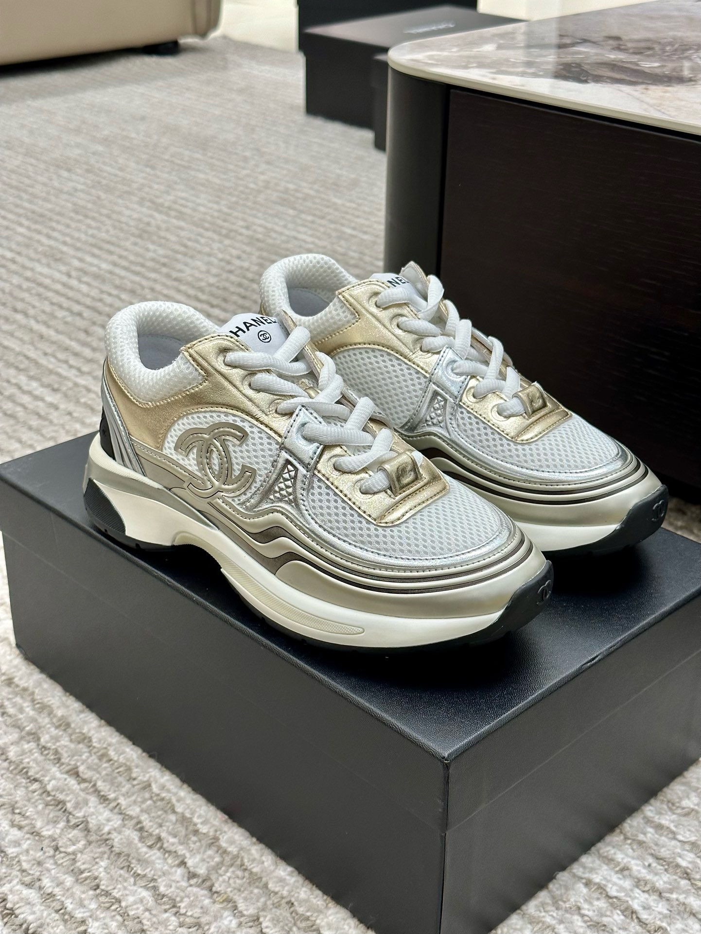 Bagsaaa Ch**el 23C CC Logo Gold Sneakers