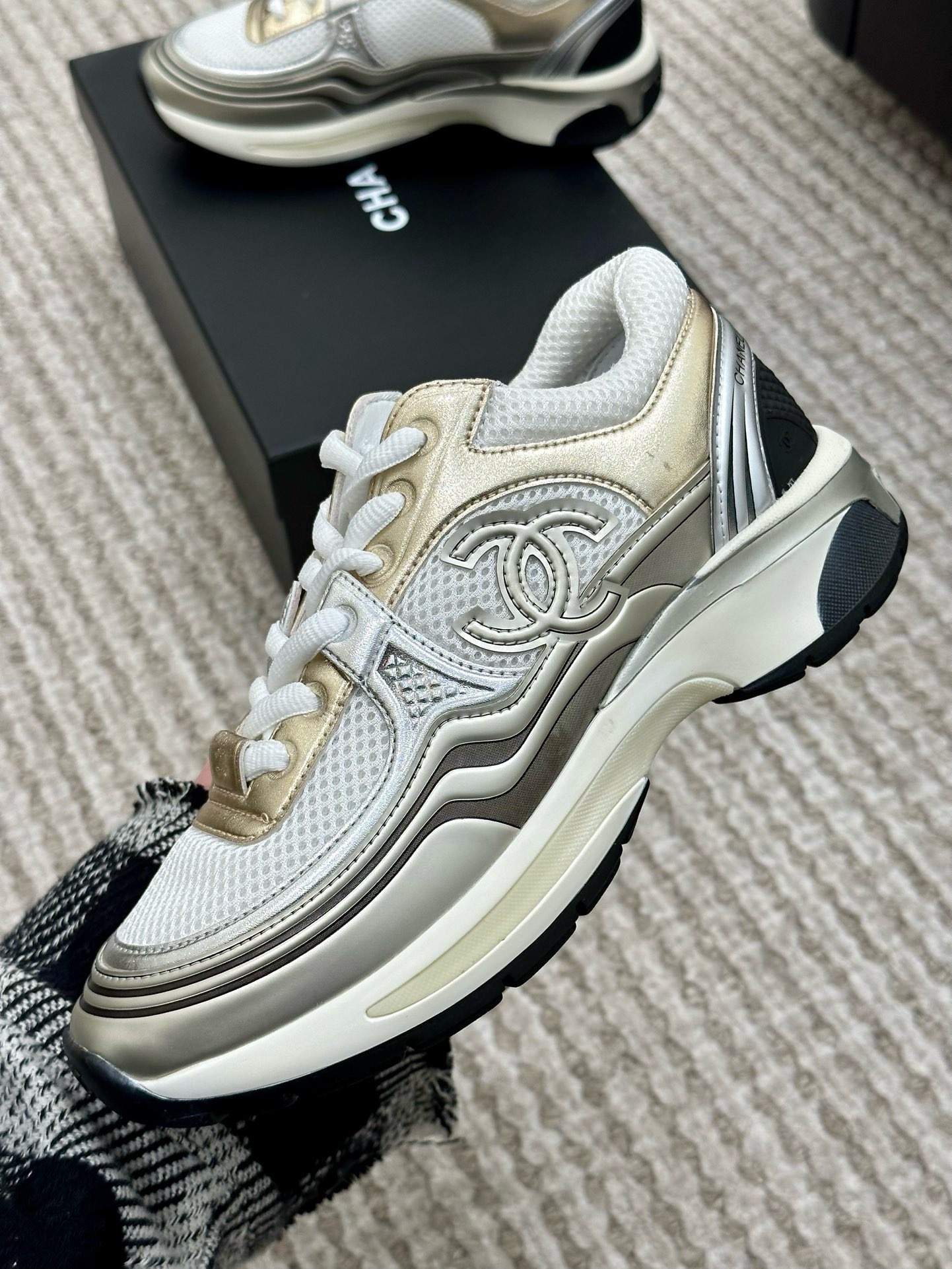 Bagsaaa Ch**el 23C CC Logo Gold Sneakers