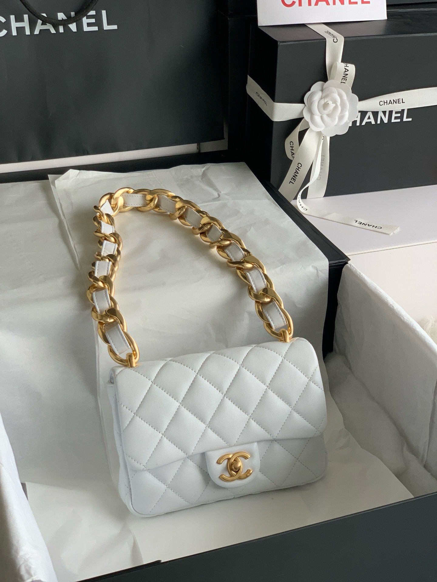 Bagsaaa Ch**el Funky Town Small Flap Bag In White - 17x21x6cm