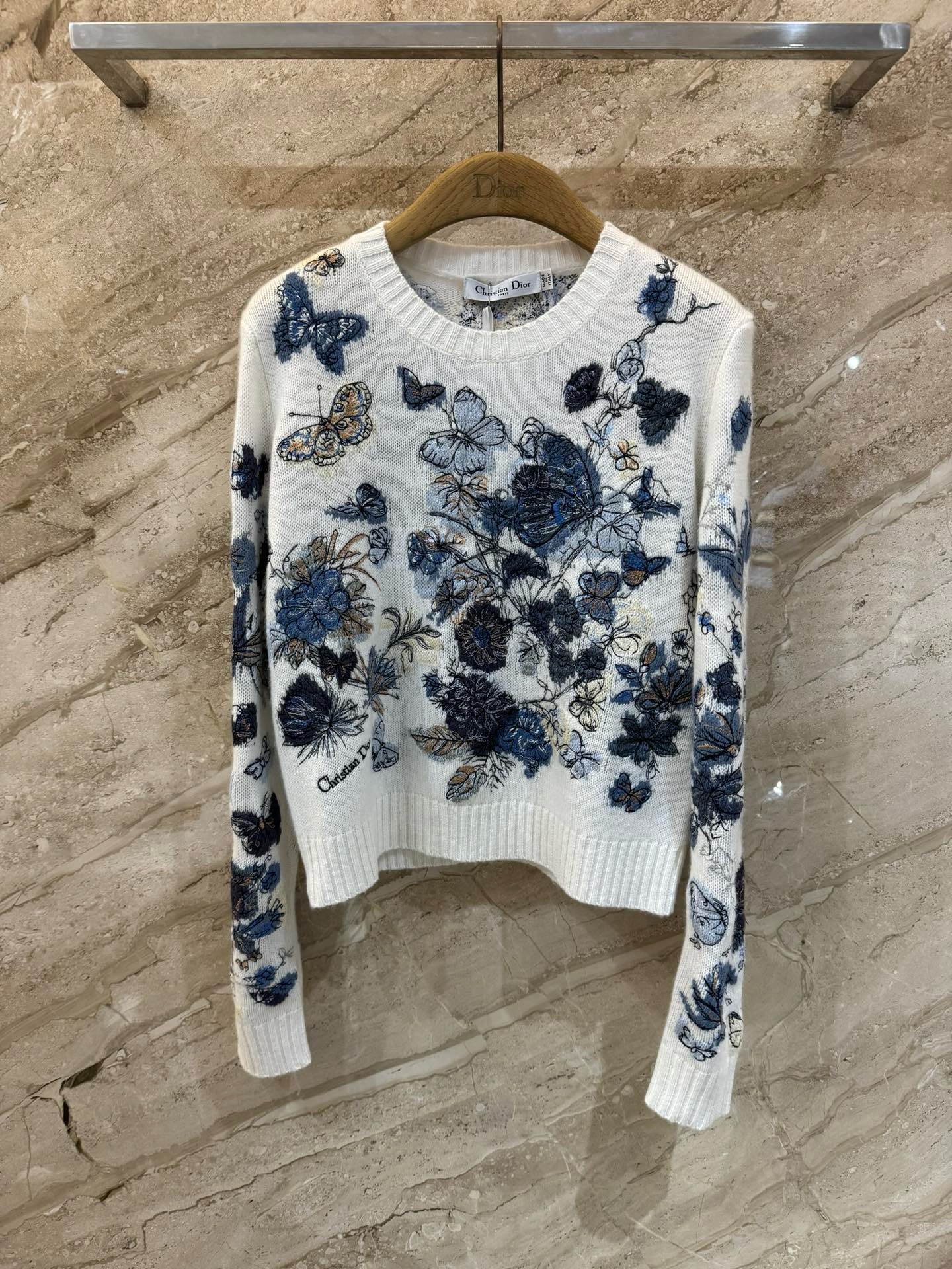 Bagsaaa D10r Embroidered Sweater White and Pastel Midnight Blue Cashmere Knit with Toile de Jouy Mexico Motif