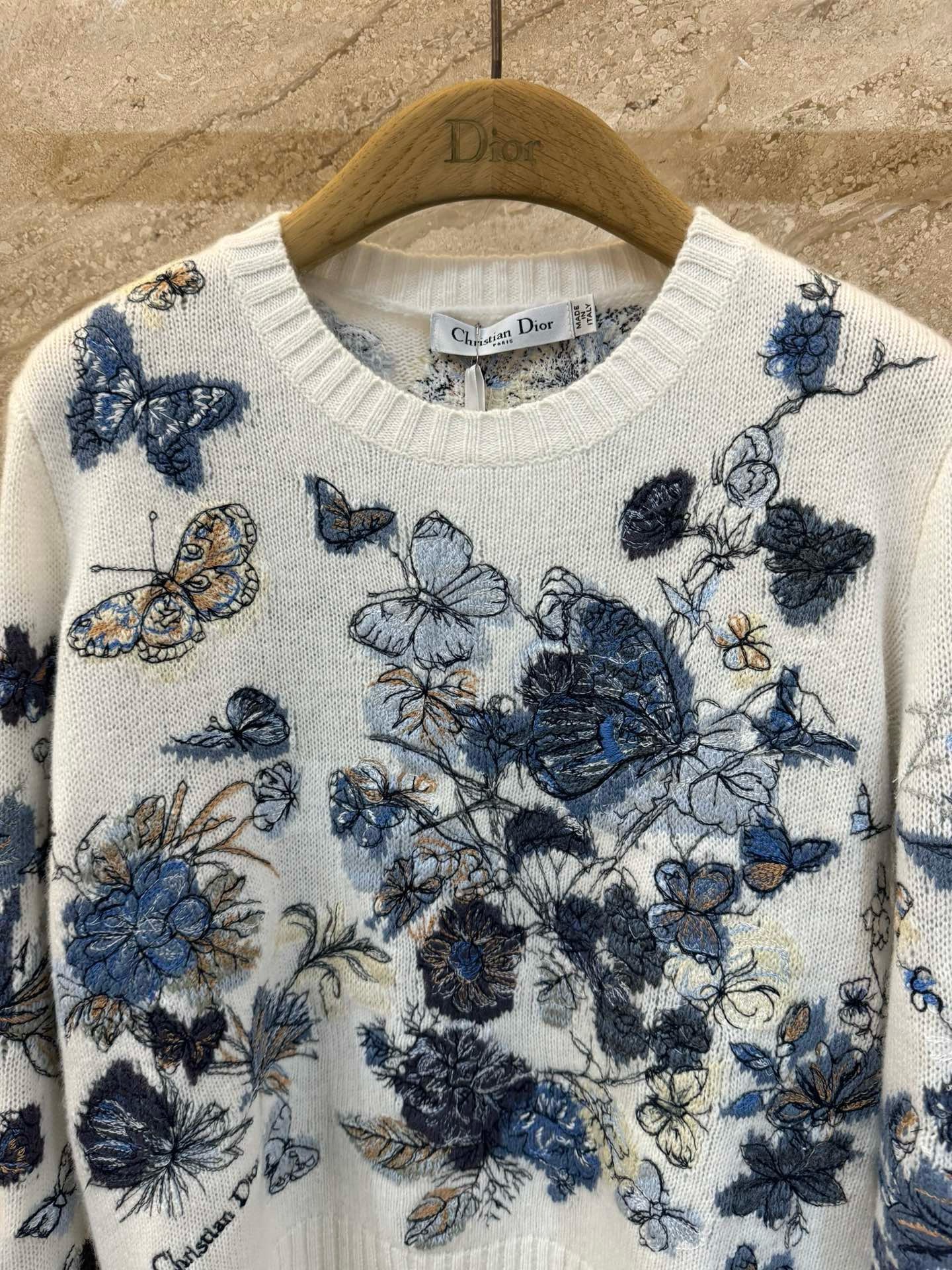 Bagsaaa D10r Embroidered Sweater White and Pastel Midnight Blue Cashmere Knit with Toile de Jouy Mexico Motif