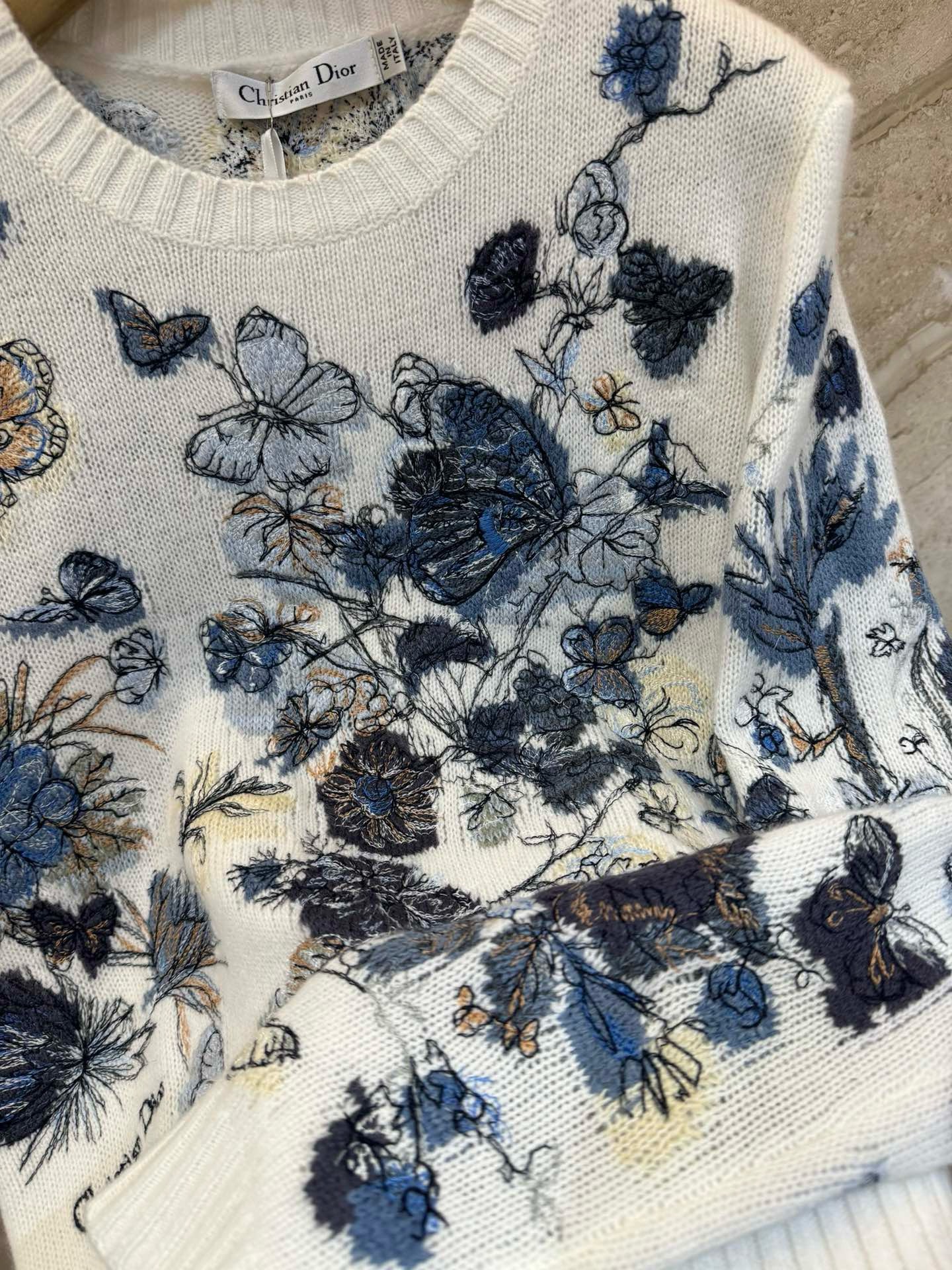 Bagsaaa D10r Embroidered Sweater White and Pastel Midnight Blue Cashmere Knit with Toile de Jouy Mexico Motif