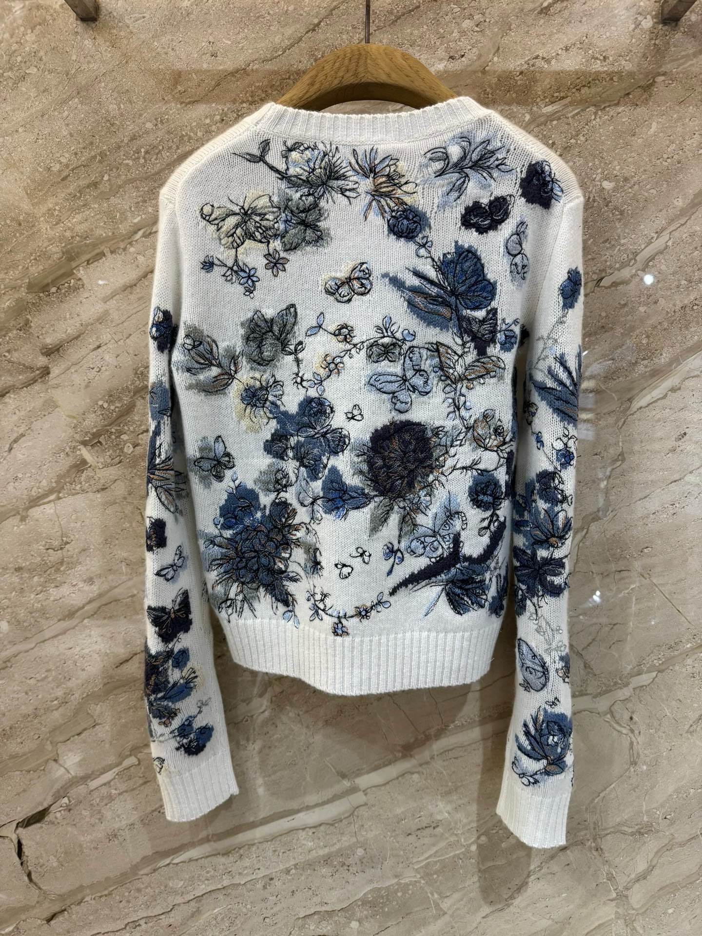 Bagsaaa D10r Embroidered Sweater White and Pastel Midnight Blue Cashmere Knit with Toile de Jouy Mexico Motif