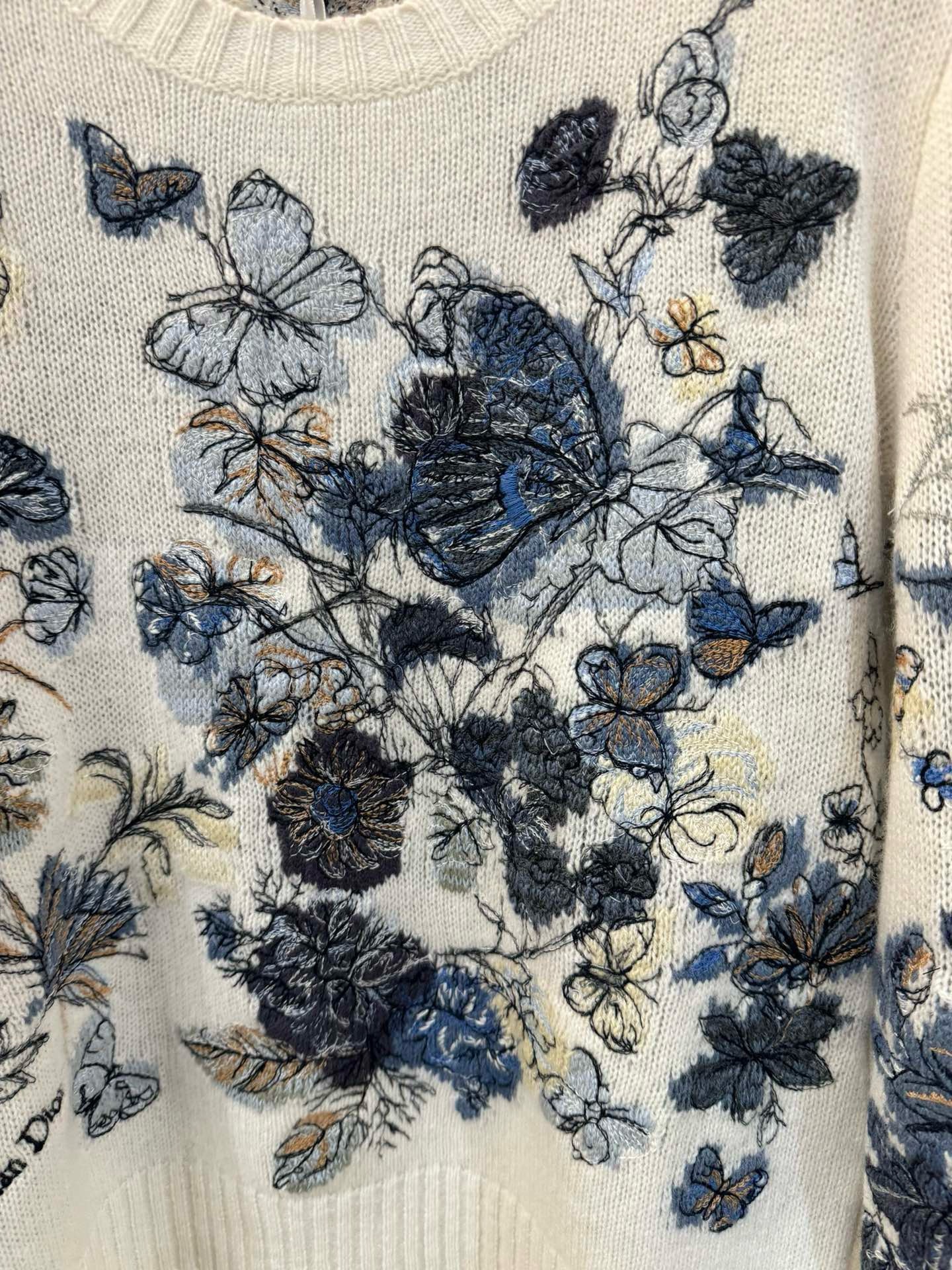 Bagsaaa D10r Embroidered Sweater White and Pastel Midnight Blue Cashmere Knit with Toile de Jouy Mexico Motif
