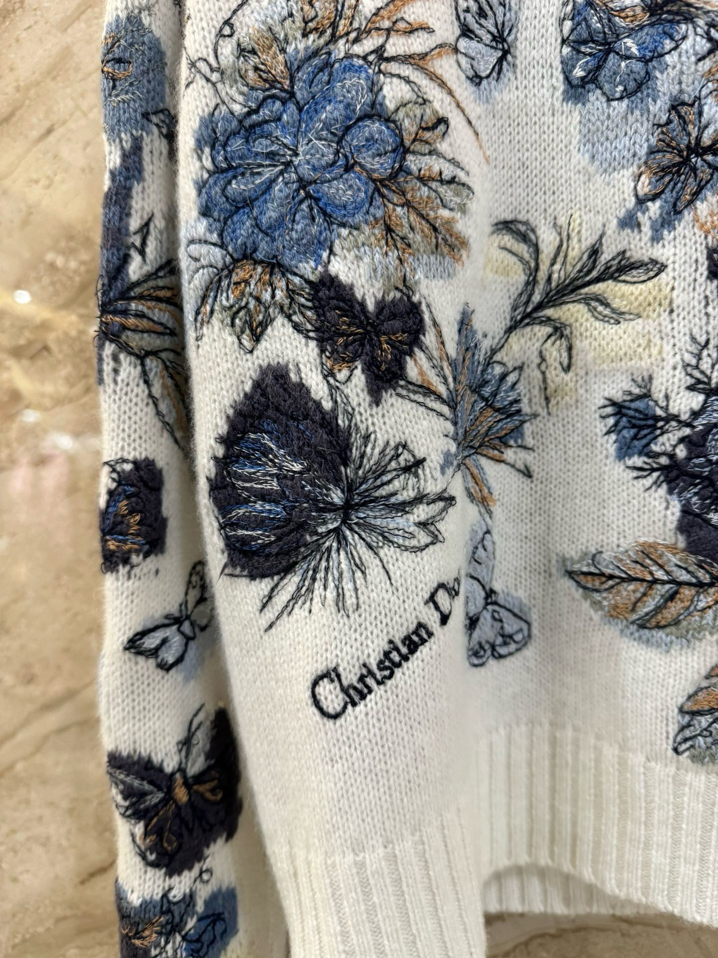 Bagsaaa D10r Embroidered Sweater White and Pastel Midnight Blue Cashmere Knit with Toile de Jouy Mexico Motif