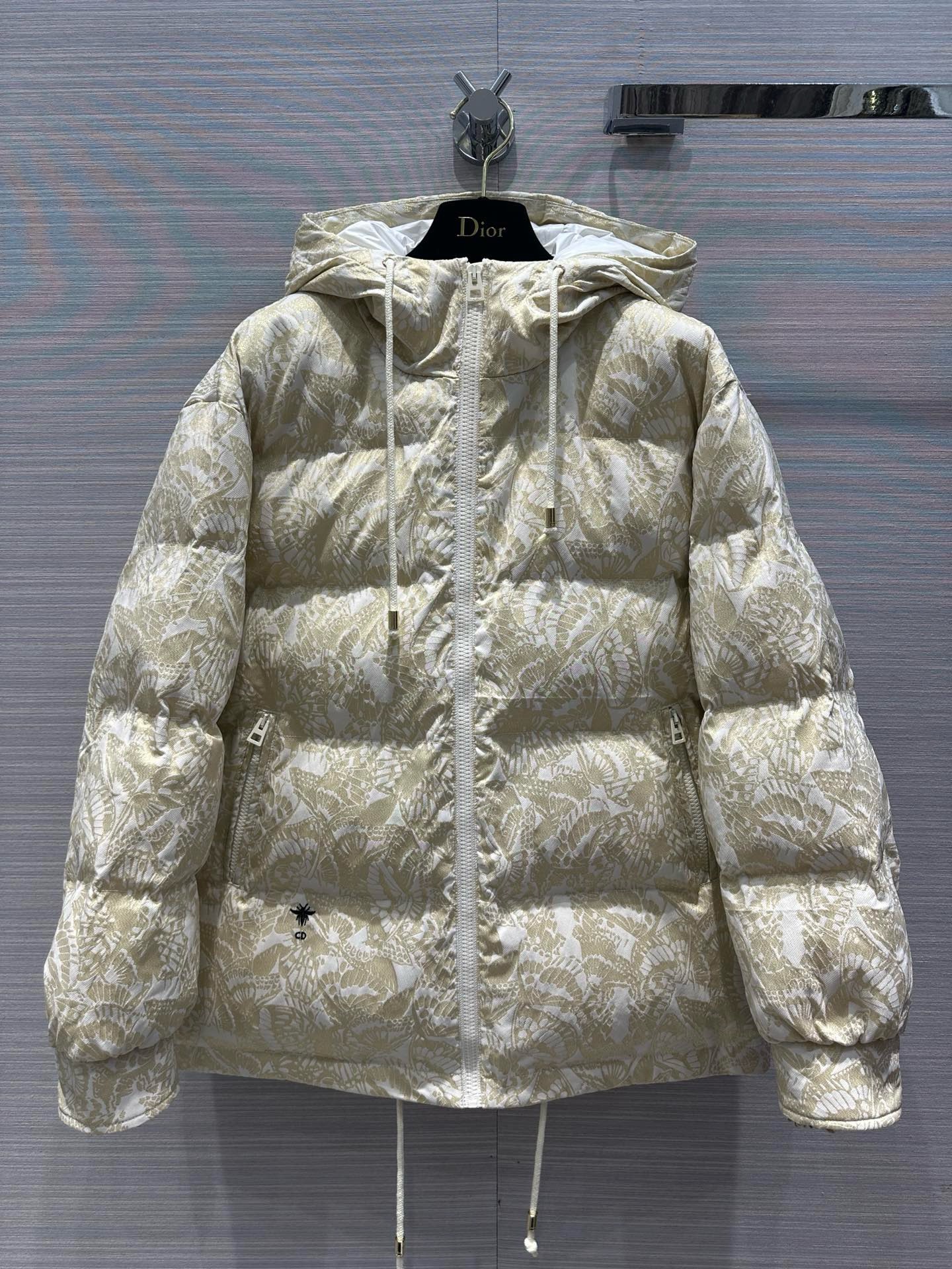 Bagsaaa D10r Alps Hooded Puffer JacketWhite with Gold-Tone Allover Butterfly Motif