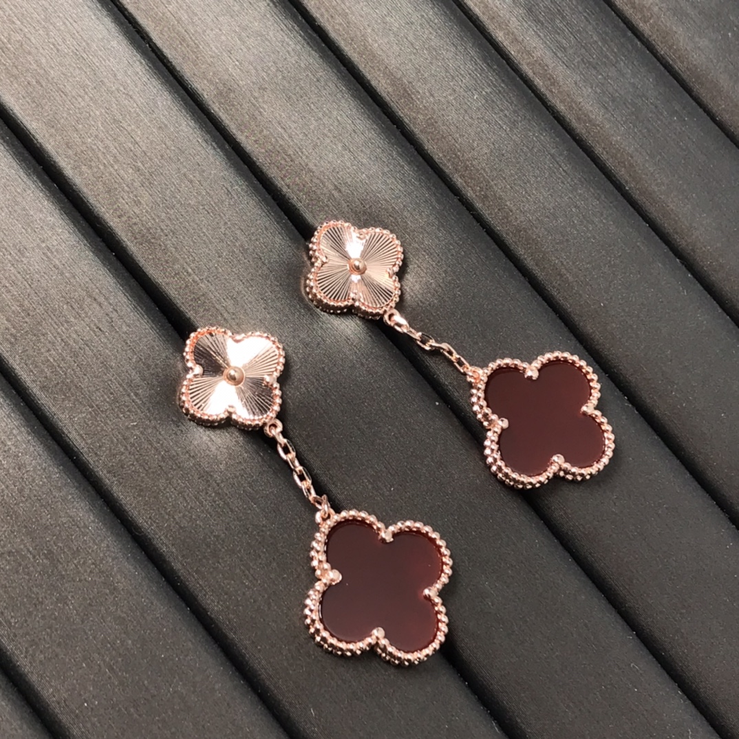 Bagsaaa V*n Cl**f & Arpel Alhambra Earrings With Red, Rose Gold, 2 motifs