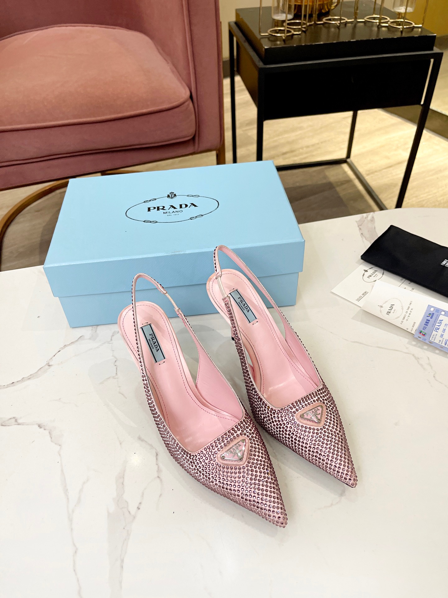 Bagsaaa Pra*a Satin slingbacks with crystals 85mm