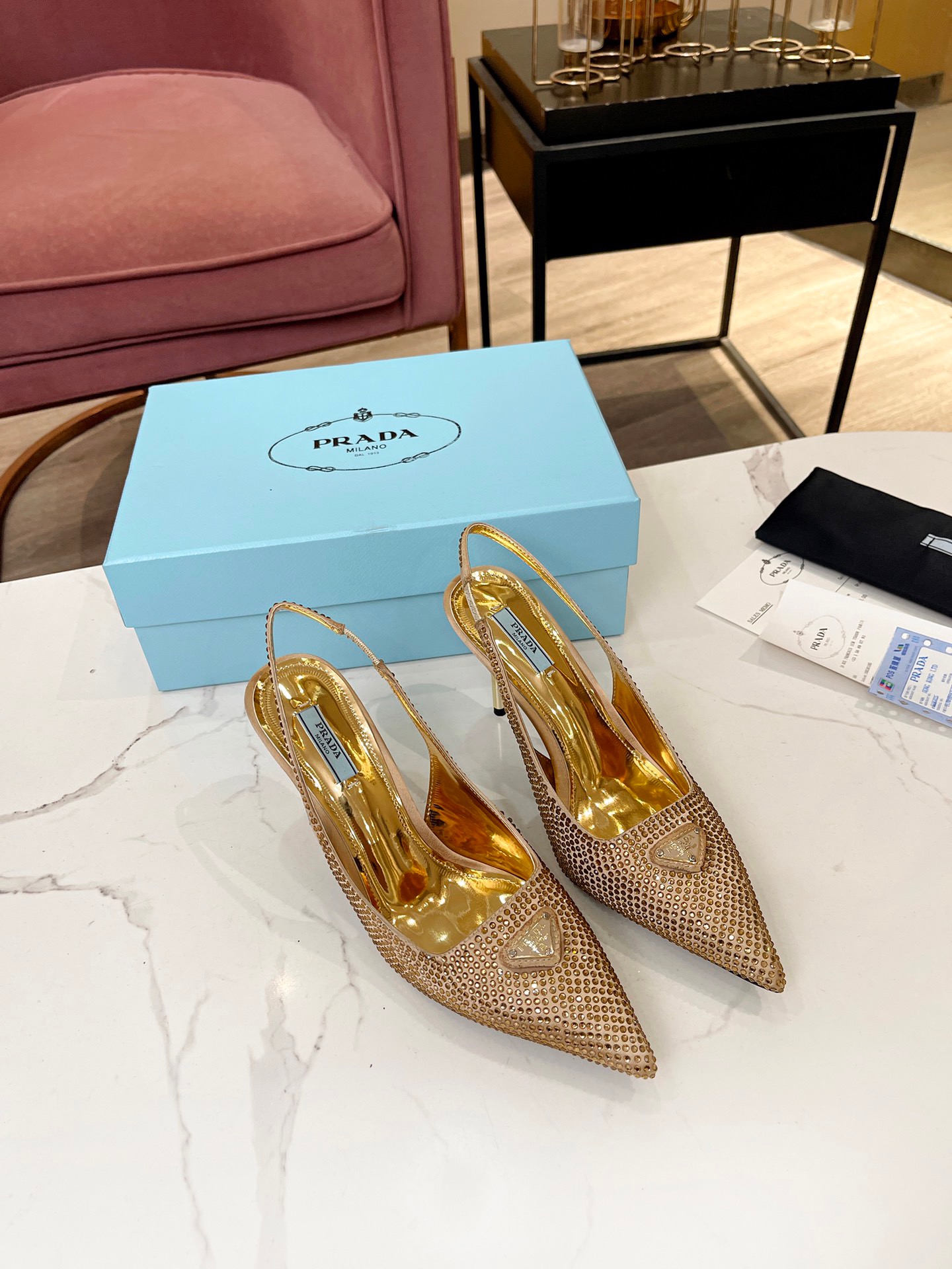 Bagsaaa Pra*a Satin slingbacks with crystals 85mm