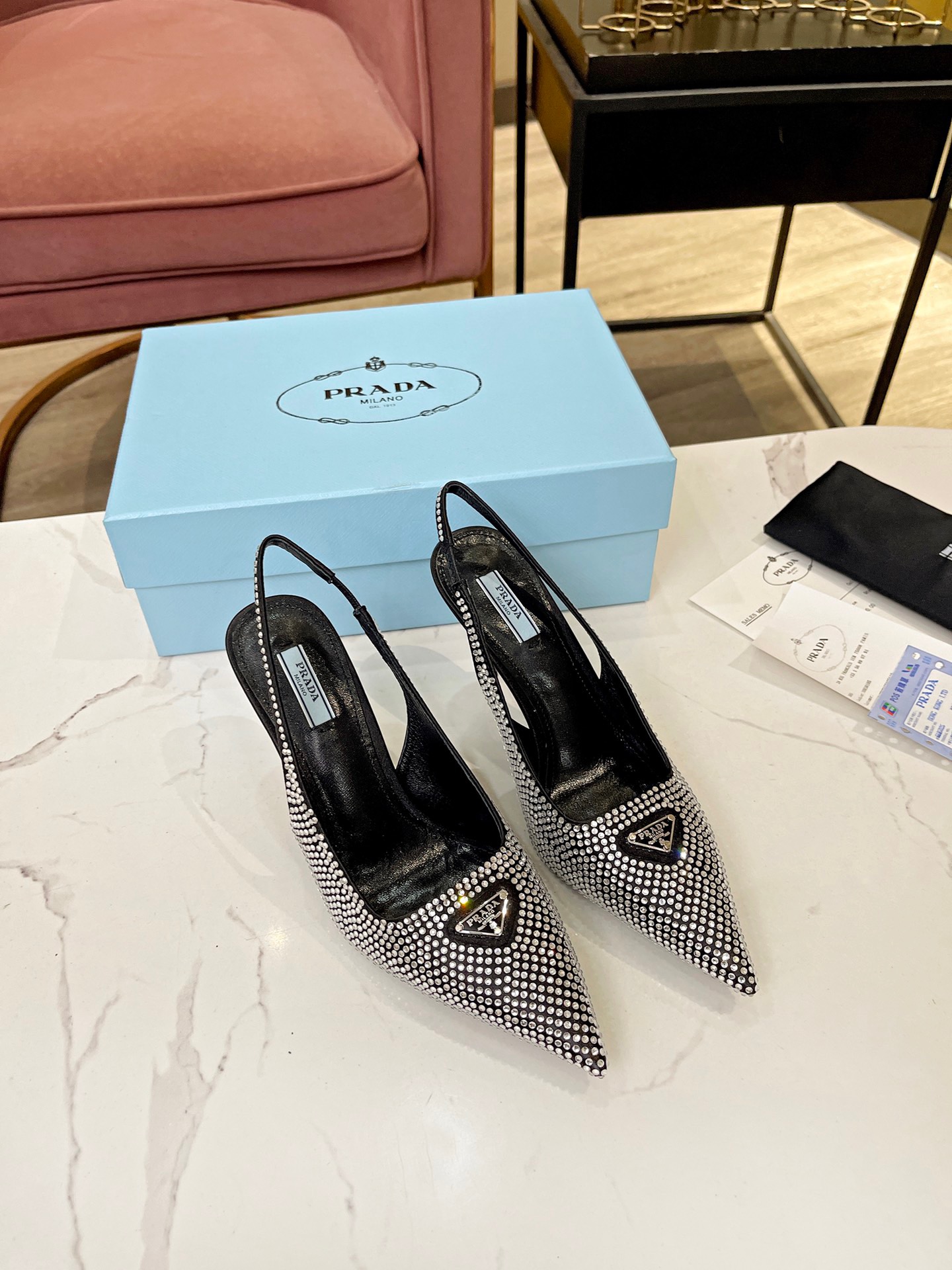 Bagsaaa Pra*a Satin slingbacks with crystals 85mm