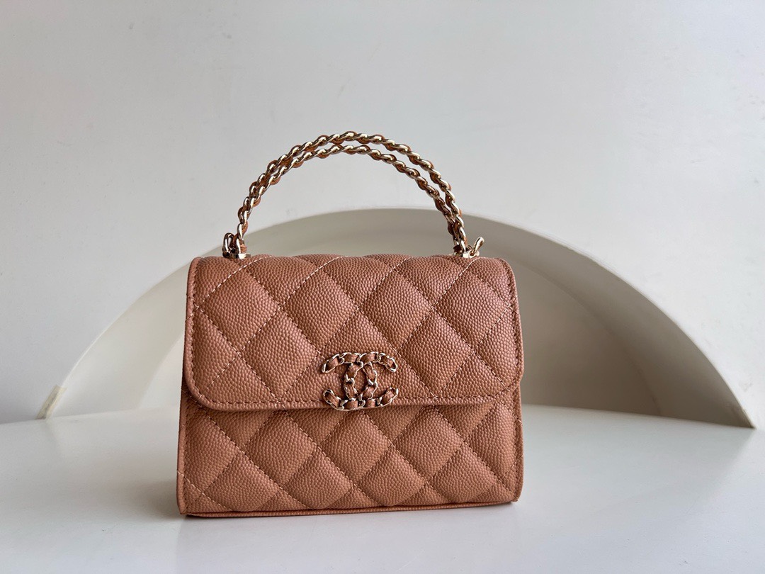 Bagsaaa Ch**el Top Handle Brown Caviar Bag - 14.5x11.5x5.5cm