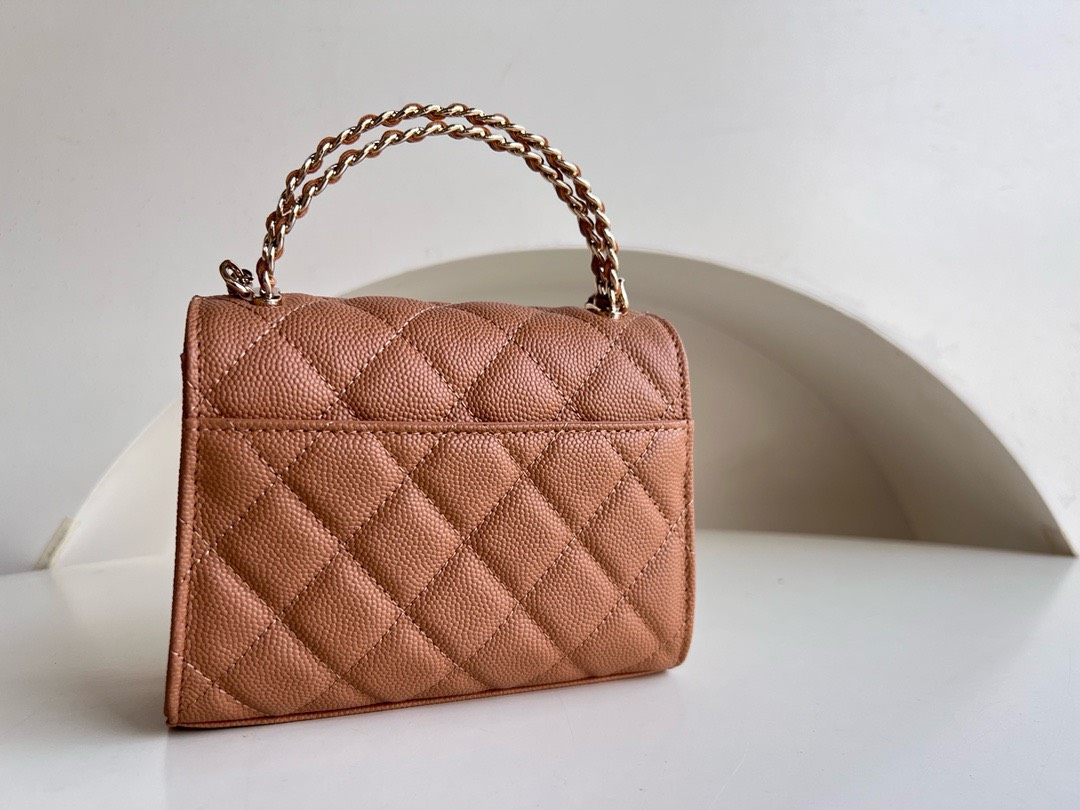 Bagsaaa Ch**el Top Handle Brown Caviar Bag - 14.5x11.5x5.5cm