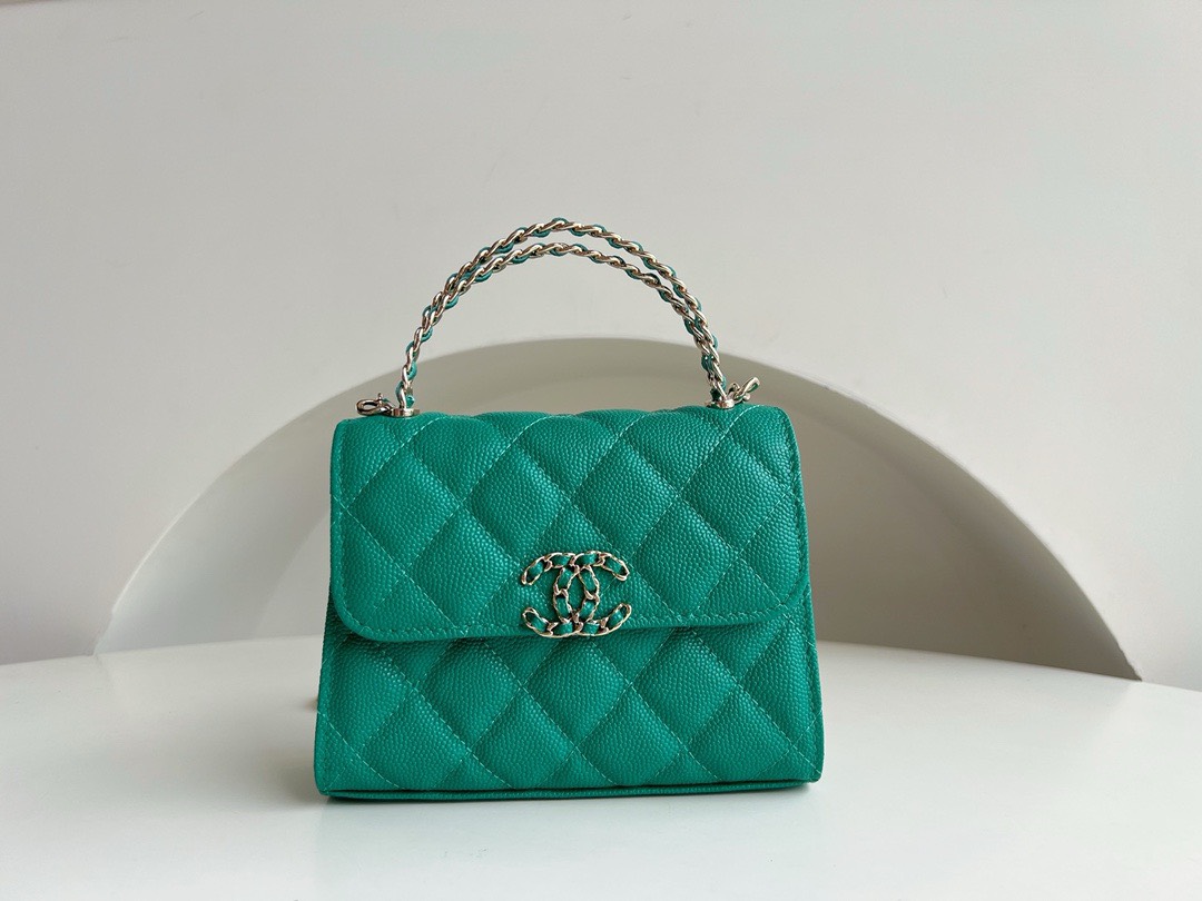 Bagsaaa Ch**el Top Handle Green Caviar Bag - 14.5x11.5x5.5cm