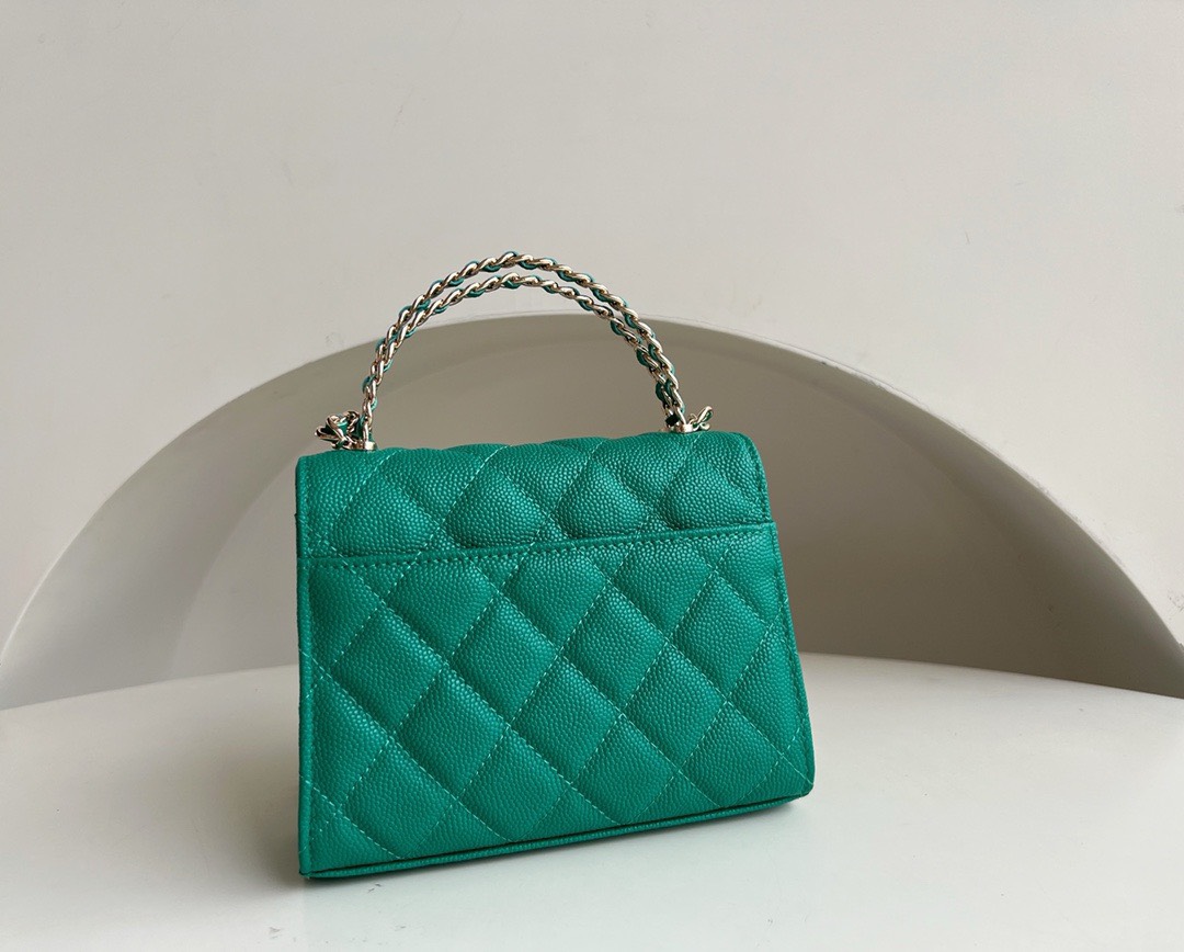 Bagsaaa Ch**el Top Handle Green Caviar Bag - 14.5x11.5x5.5cm