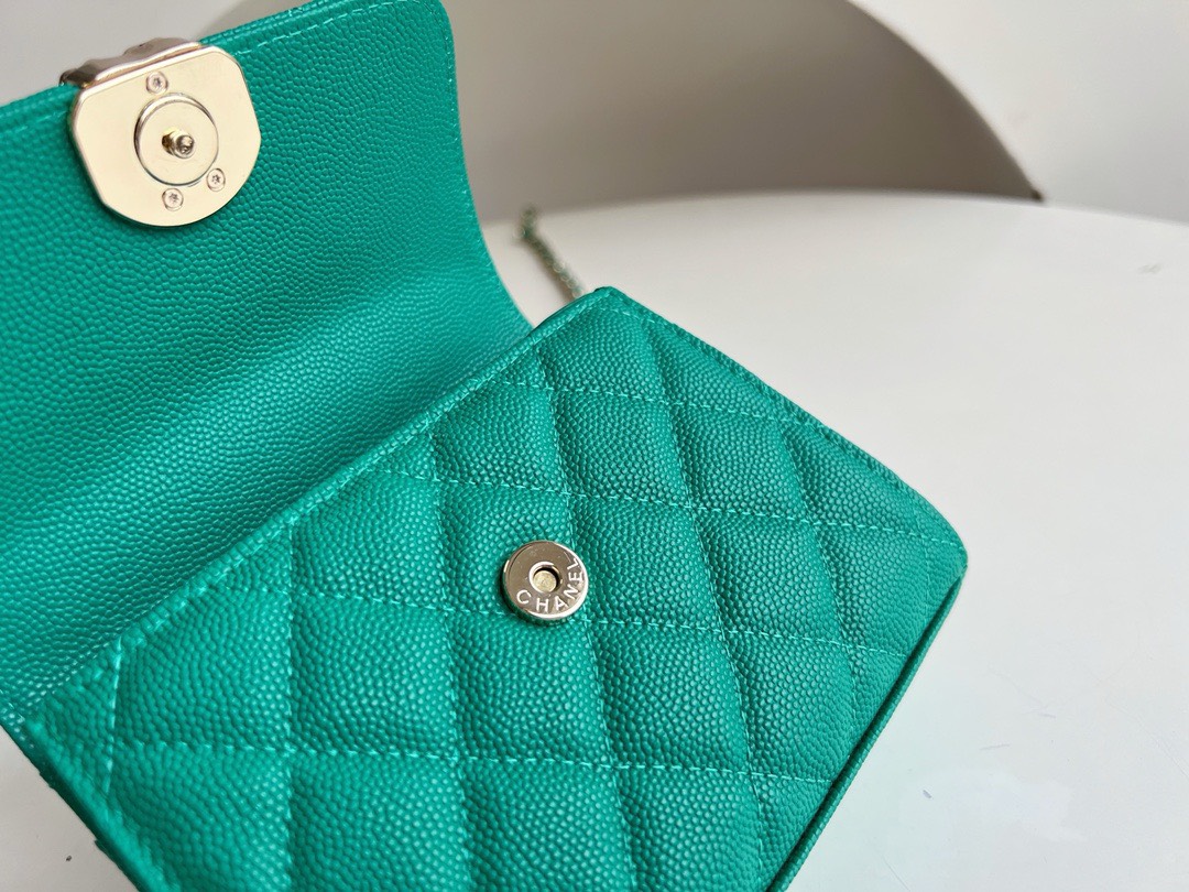 Bagsaaa Ch**el Top Handle Green Caviar Bag - 14.5x11.5x5.5cm