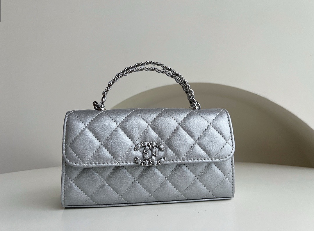 Bagsaaa Ch**el Top Handle Silver Caviar Bag - 18x10x4.5cm
