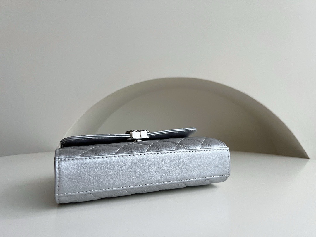 Bagsaaa Ch**el Top Handle Silver Caviar Bag - 18x10x4.5cm