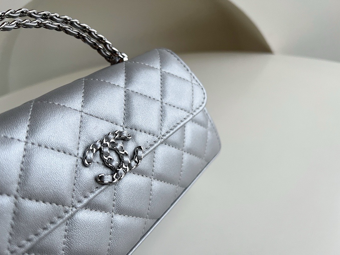 Bagsaaa Ch**el Top Handle Silver Caviar Bag - 18x10x4.5cm