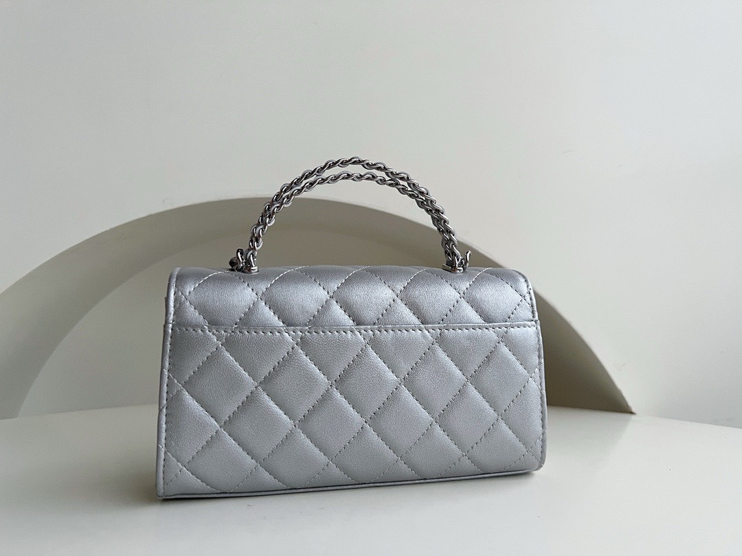 Bagsaaa Ch**el Top Handle Silver Caviar Bag - 18x10x4.5cm