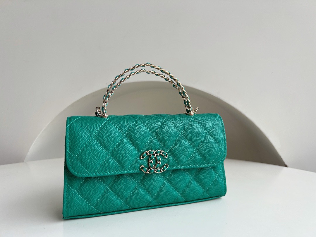 Bagsaaa Ch**el Top Handle Green Caviar Bag - 18x10x4.5cm