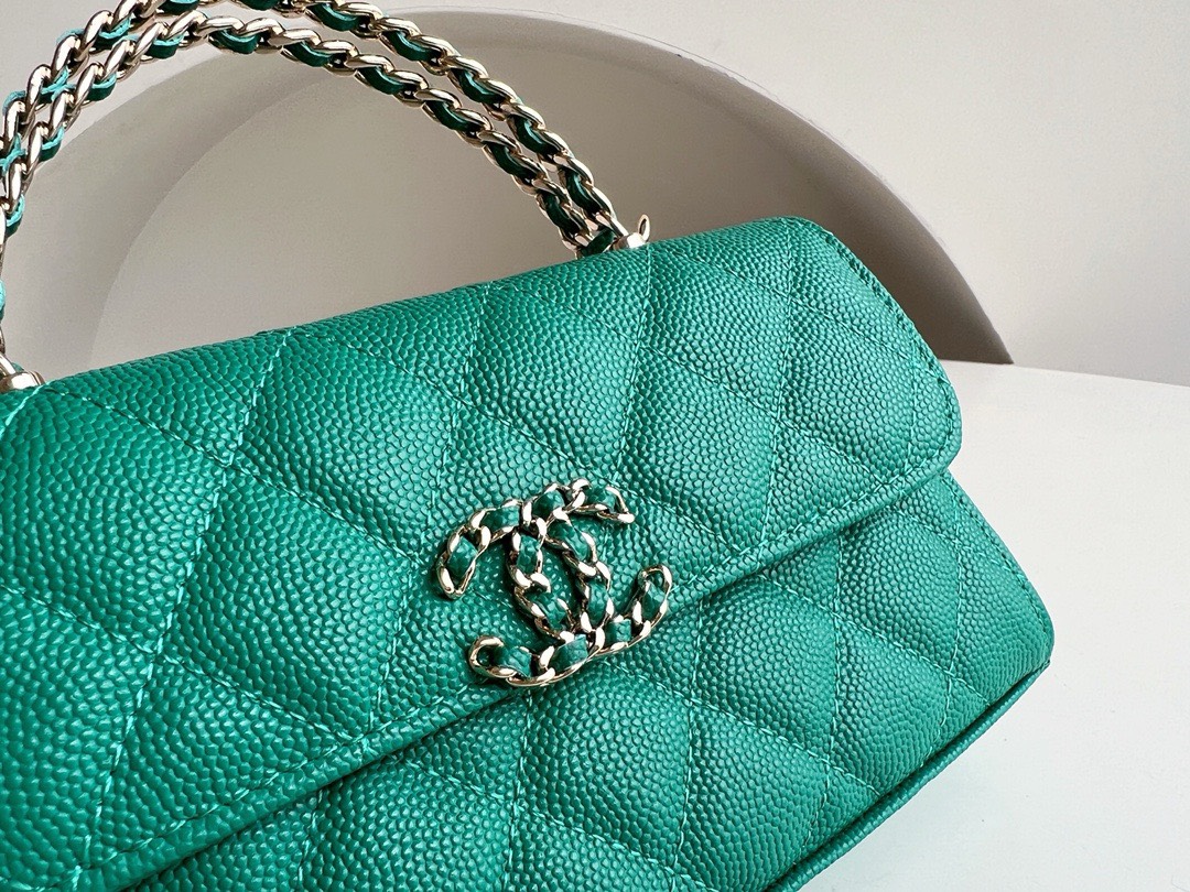 Bagsaaa Ch**el Top Handle Green Caviar Bag - 18x10x4.5cm