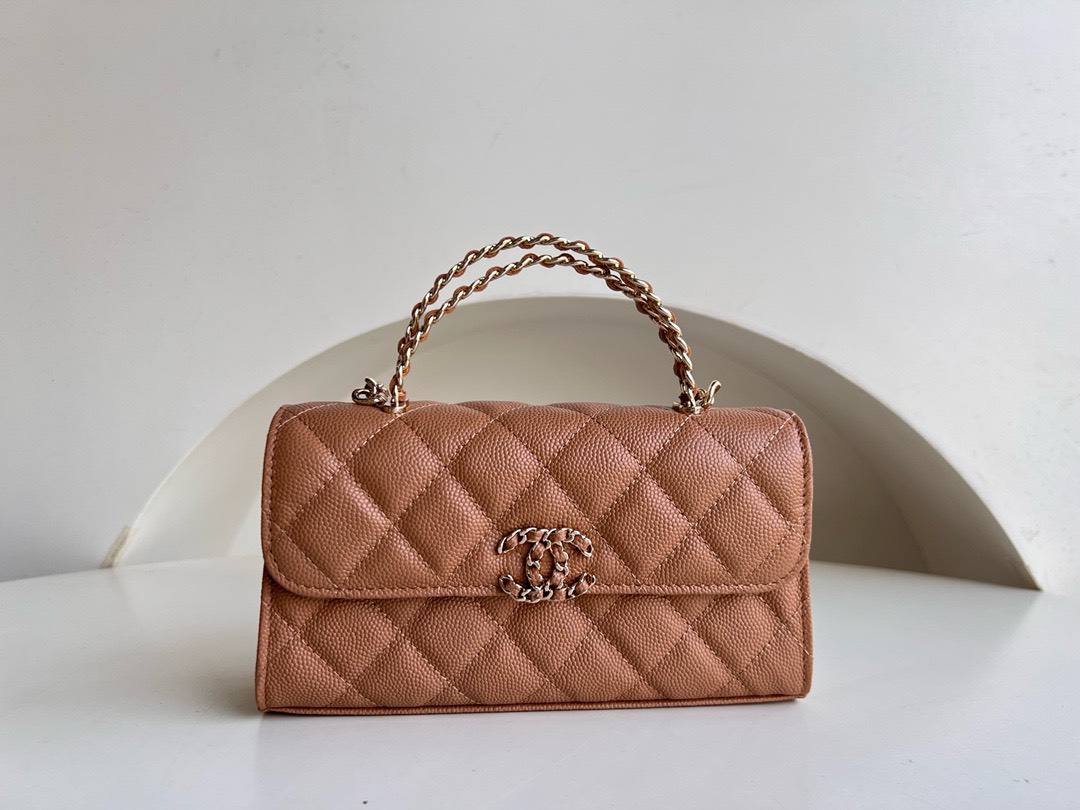 Bagsaaa Ch**el Top Handle Brown Caviar Bag - 18x10x4.5cm