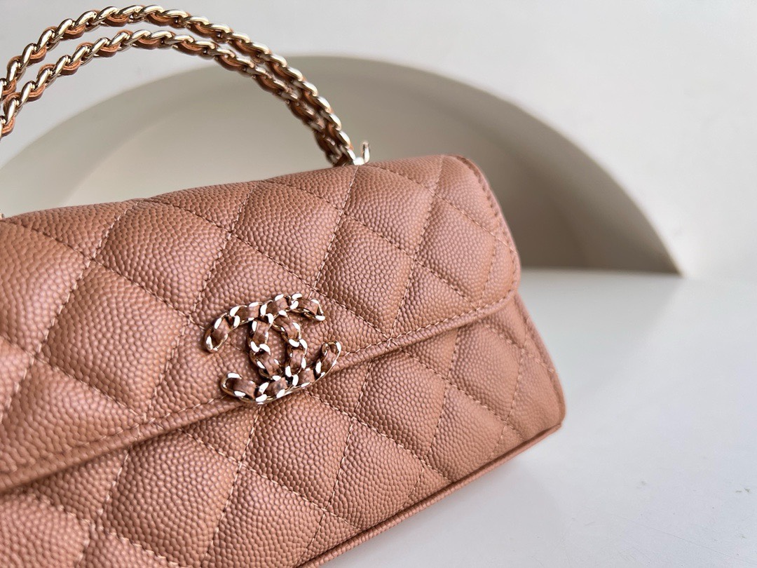 Bagsaaa Ch**el Top Handle Brown Caviar Bag - 18x10x4.5cm