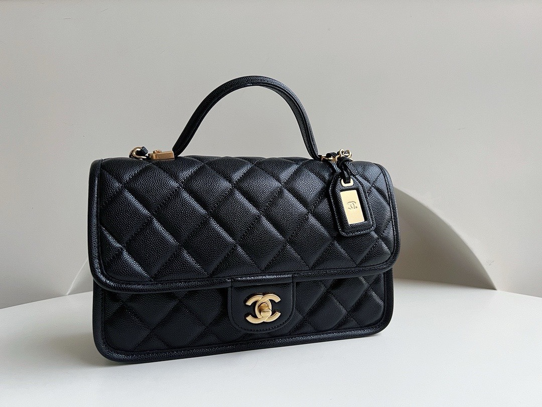 Bagsaaa Ch**el School Memory Top Handle Flap Bag Black Caviar - 25x21.5x7cm
