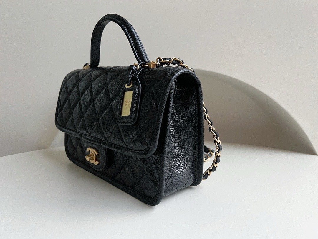 Bagsaaa Ch**el School Memory Top Handle Flap Bag Black Caviar - 25x21.5x7cm
