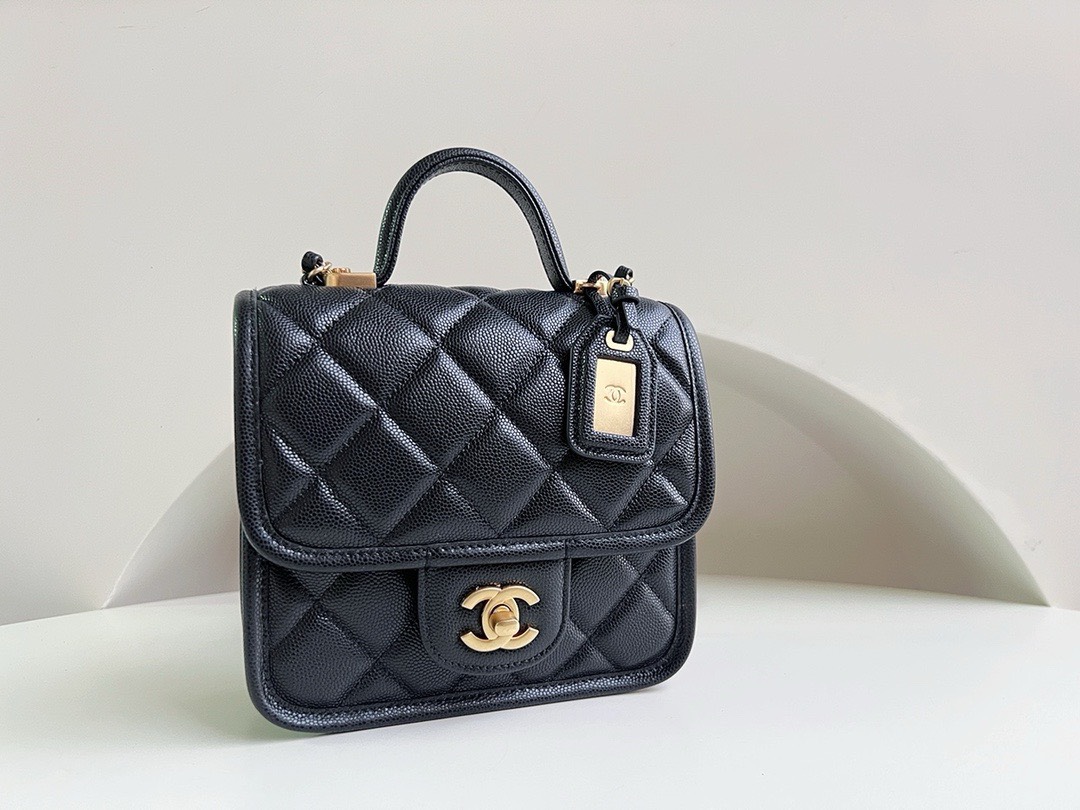 Bagsaaa Ch**el Mini School Memory Top Handle Flap Bag Black Caviar - 17x20.5x6cm