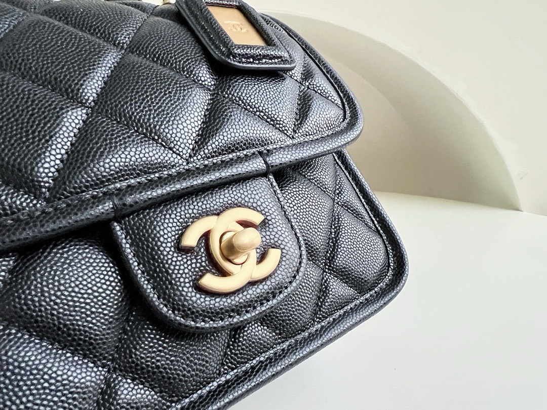Bagsaaa Ch**el Mini School Memory Top Handle Flap Bag Black Caviar - 17x20.5x6cm