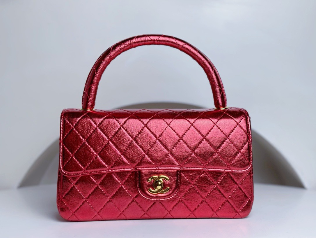 Bagsaaa Ch**el Vintage Red Leather Top handle Flap Bag - 25cm