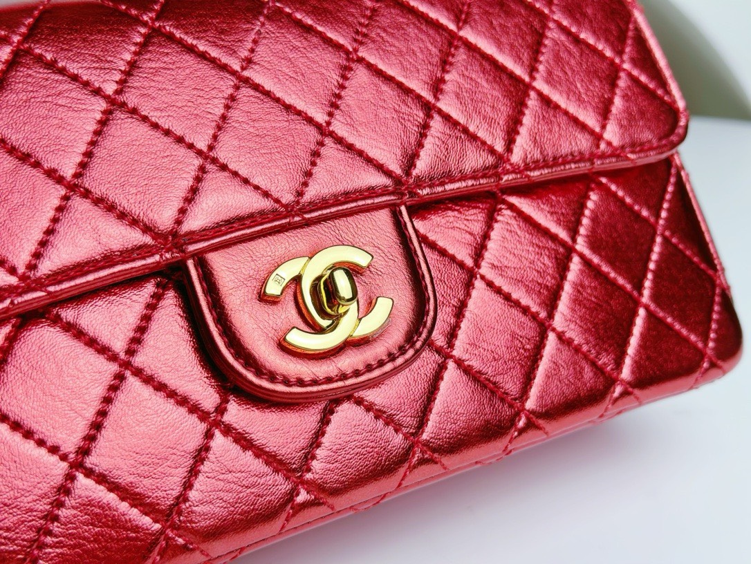 Bagsaaa Ch**el Vintage Red Leather Top handle Flap Bag - 25cm