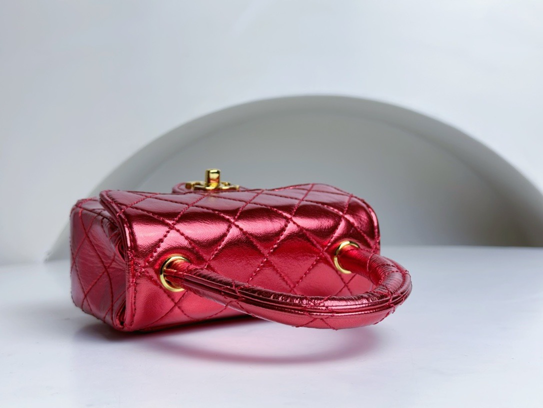 Bagsaaa Ch**el Vintage Red Leather Top handle Flap Bag - 18cm