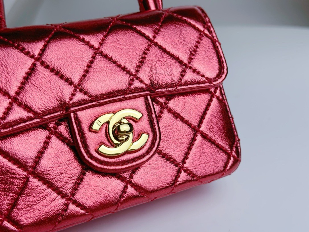 Bagsaaa Ch**el Vintage Red Leather Top handle Flap Bag - 18cm