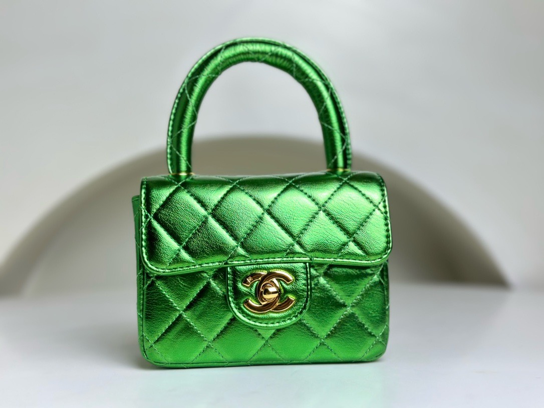 Bagsaaa Ch**el Vintage Green Leather Top handle Flap Bag - 18cm
