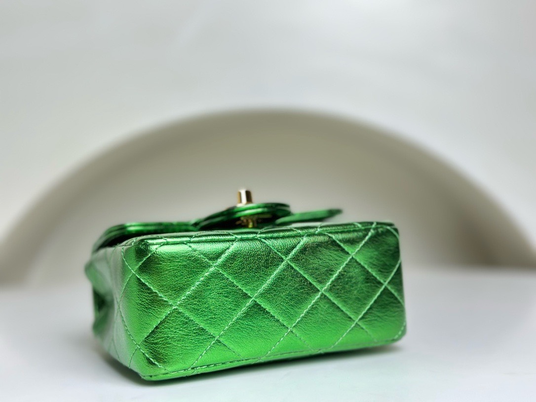 Bagsaaa Ch**el Vintage Green Leather Top handle Flap Bag - 18cm